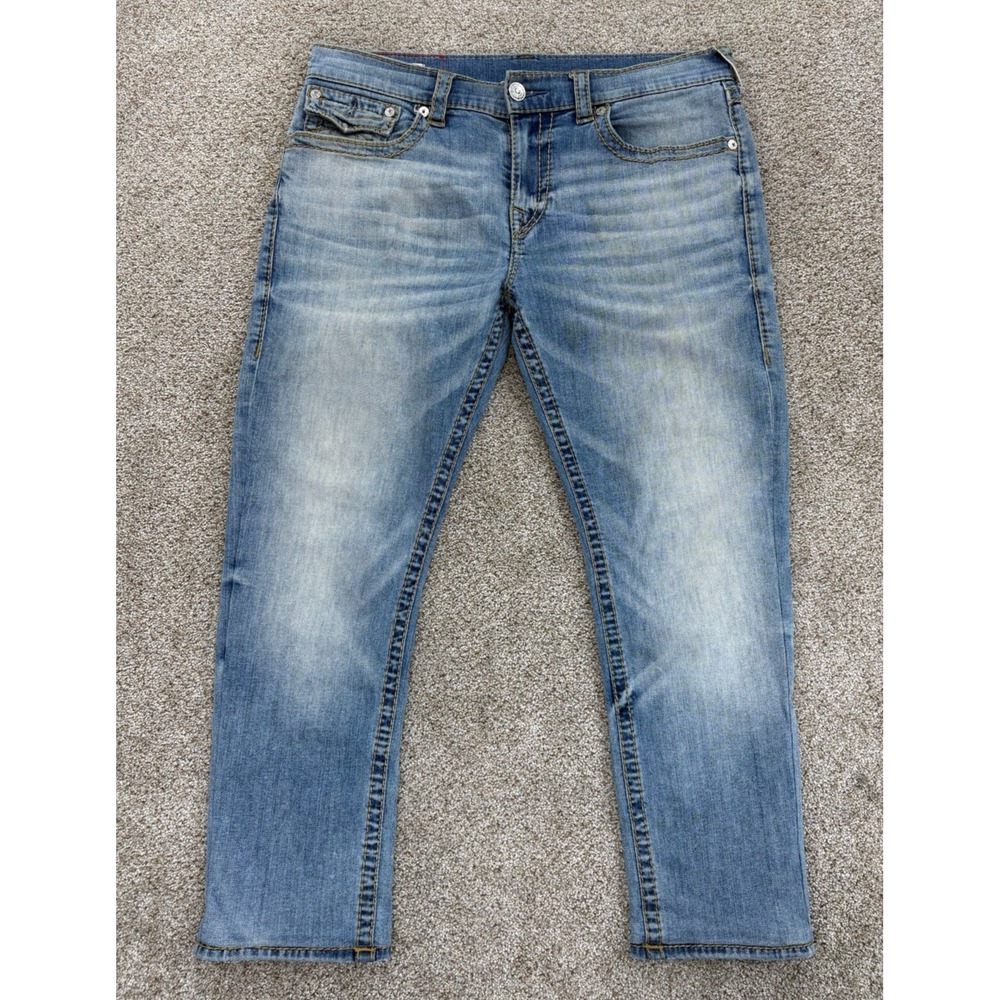 True Religion ROCCO Relaxed Skinny Jeans Mens 34 (Fits 36x28) Blue Stretch Denim